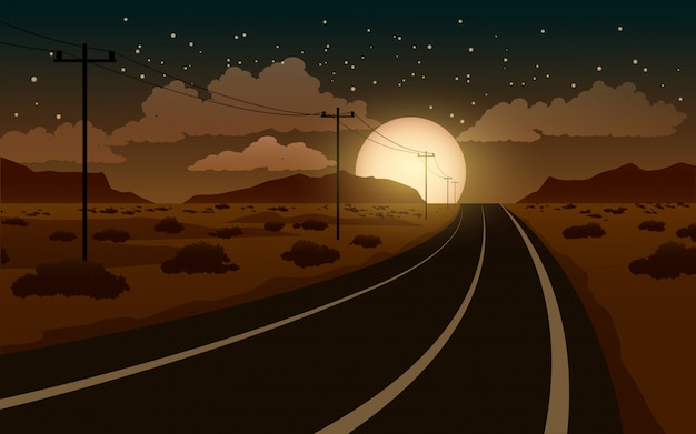 Vector desert night landscape with road and full moon