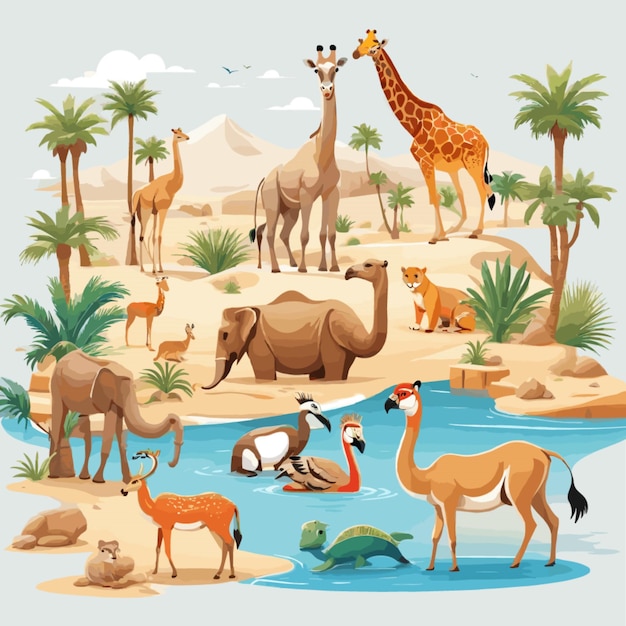 Desert Oasis Animals vector op witte achtergrond