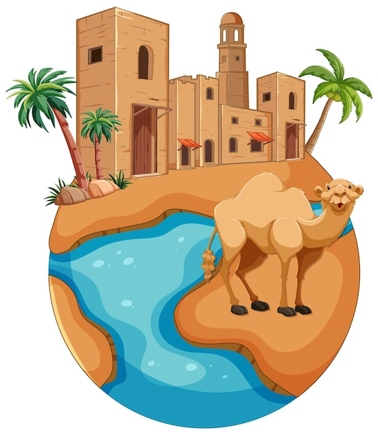 Oasi del deserto e illustrazione del vettore del cammello