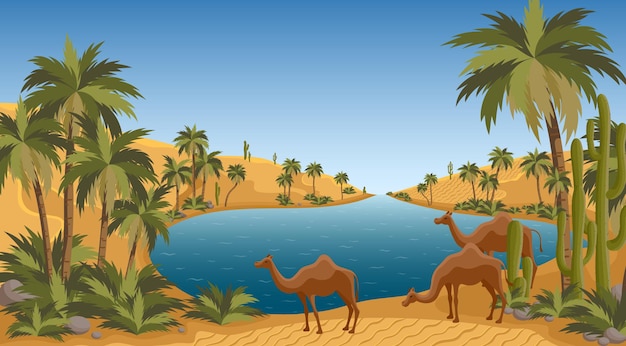 Desert oasis with palms nature landscape scene palm trees pond\
and sands of arabia egypt hot dunes with palm trees bedouin and\
camels