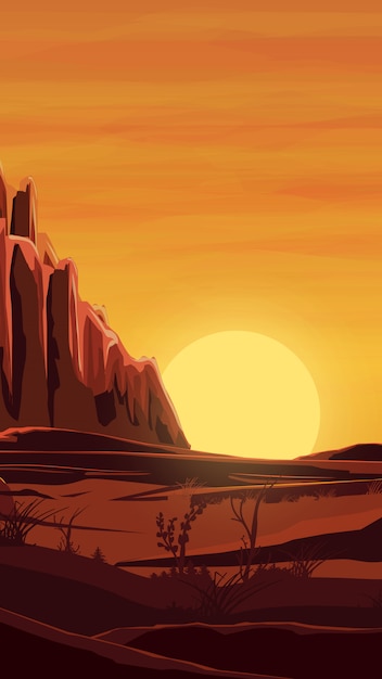 Vector desert, orange sunset, mountains, sand