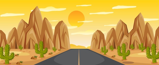 Vector desert road landscape at sunset