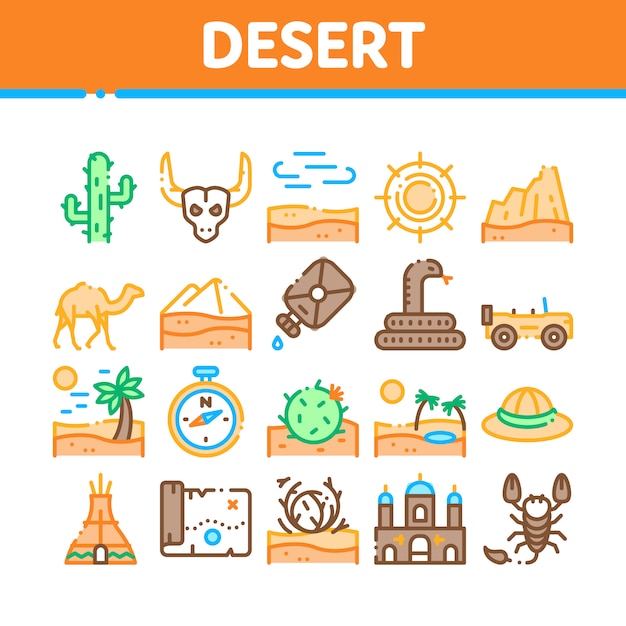 Desert Sandy Landscape Collection Icons Set