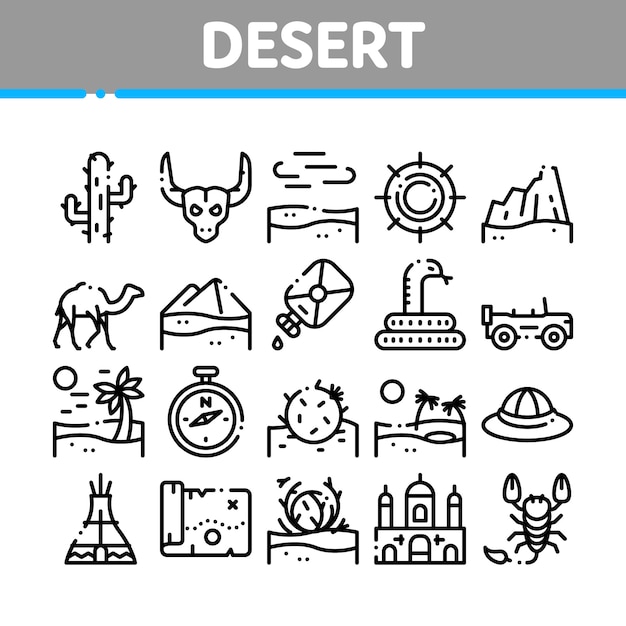 Deserto sandy landscape collection icons set