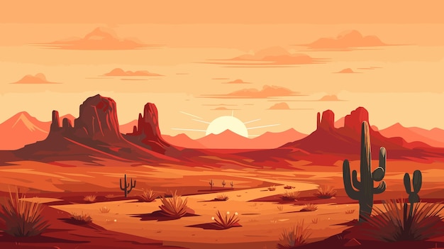 Desert sandy landscape with cactuses sunset Desert dunes vector background illustration