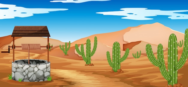 Scena del deserto con cactus e pozzo