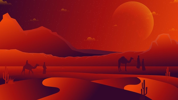 a desert scene with a camel and a man walking in the desert vector wallpaper