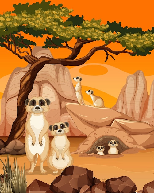 Scena del deserto con graziosi suricati