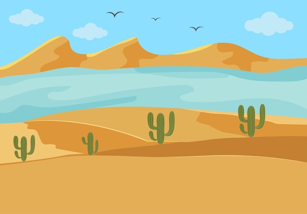 Vector desert scene with oasis of water