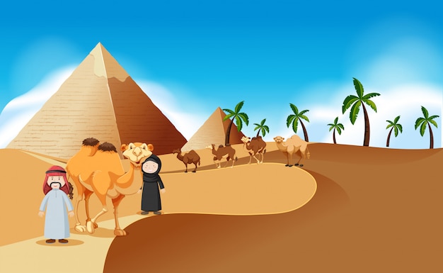 Desert scene with pyramids and camels