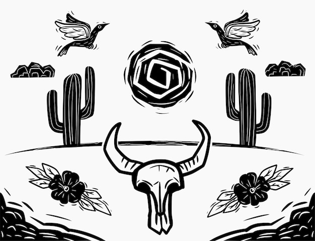 Vector desert scenery ox skull cactus and scorching sun