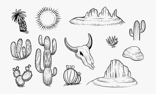 Set di schizzi vettoriali del deserto disegnati a mano in bianco e nero cactus rocce teschio e elementi del paesaggio