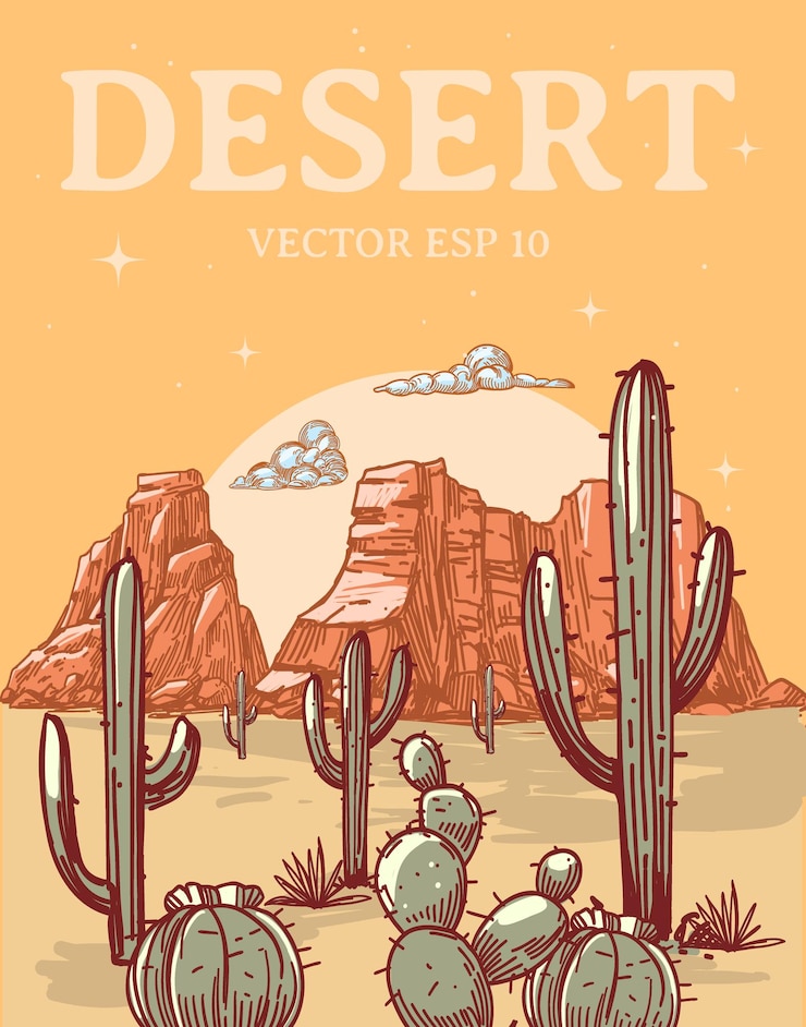 Vector desert set wild west arizona realistic sketch hand drawn vector