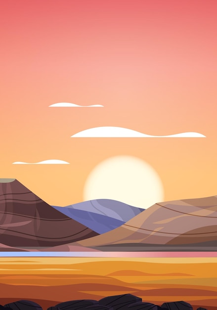 Vector desert sunset landscape with golden sand dunes over mountains