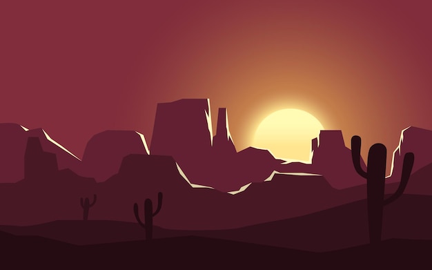 Vettore paesaggio al tramonto del deserto con montagne e cactus