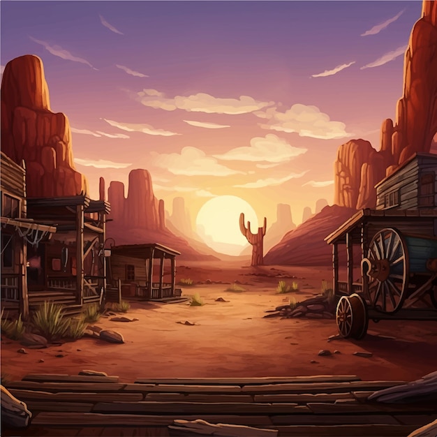 a desert town with buildings sunset game background