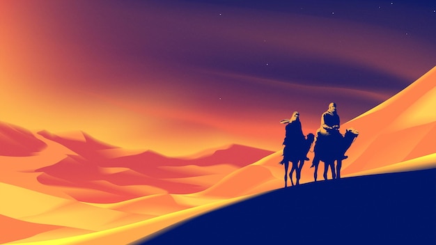 L'illustrazione vettoriale del deserto di un nomade sta attraversando un deserto con un'atmosfera al tramonto.