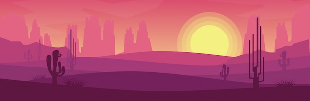 太陽がバナースタイルで設定されている間の砂漠の眺め