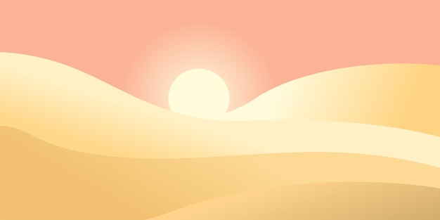 Desert wavy landscape in a minimalist style with sunset and dunes Vector illustration