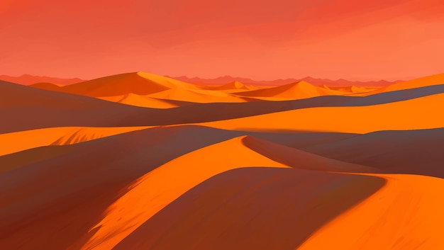 Desert with dunes and canyons at dawn or dusk detailed hand drawn painting illustration