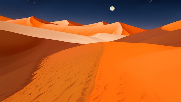 Desert with Dunes and Canyons at Night Detailed Hand Drawn Painting Illustration