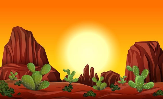 Desert with rock mountains and cactus landscape at sunset scene