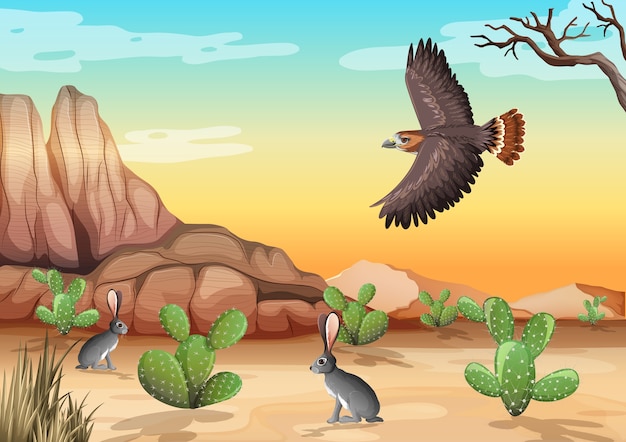 Vector desert with rock mountains desert animals landscape at day scene