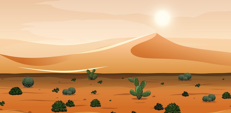 वेक्टर desert with sand mountains and cactus landscape at day time scene