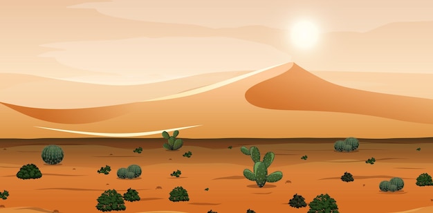 Deserto con montagne di sabbia e paesaggio di cactus alla scena del giorno