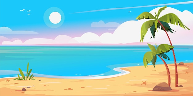 Пустынный берег пляжа и пальмы баннер красивые векторные иллюстрации голубое небо.