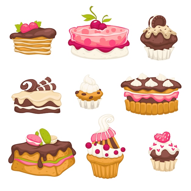 Vector deserts with cherry and chocolate topweets set