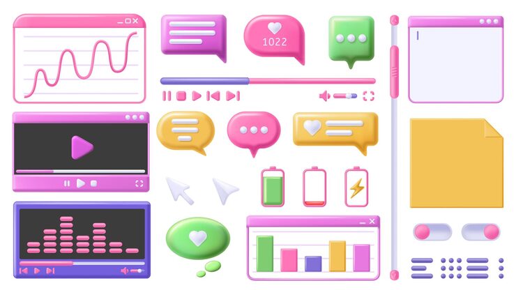 Vector design 3d elements video player window notes and text editor app scroll bar ui buttons and office graph charts vector set