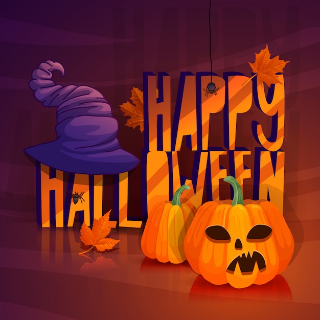 Дизайн плаката для хэллоуина осенний баннер для счастливого хэллоуина с кленовыми листьями иллюстрация с шляпой ведьмы, страшной тыквой и пауками