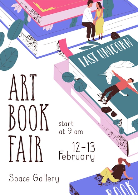 Design of advertising poster for book fair. template of flyer for art literature festival. vertical promotion banner with place for text. colored flat vector illustration on white background.