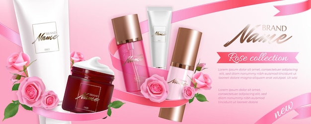 Design poster pubblicitario per prodotto cosmetico con rosa per catalogo design del pacchetto cosmetico