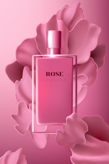 Poster pubblicitario di design per prodotto cosmetico con petali di rosa per rivista catalogo pacchetto cosmetico poster pubblicitario di profumo crema idratante toner gel lozione per il corpo petali liquidi rosa