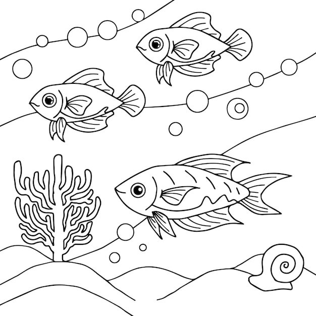 Progettare la pagina da colorare di contorno di pesci d'acqua per bambini