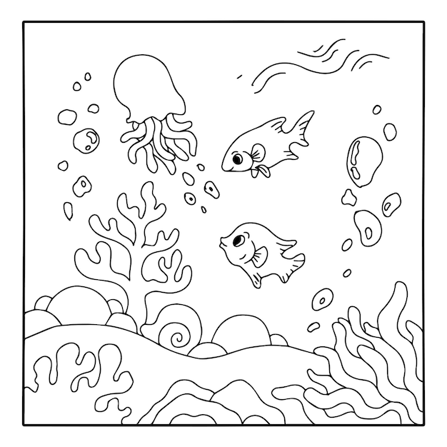 Vector design aqua fish outline coloring page for kid