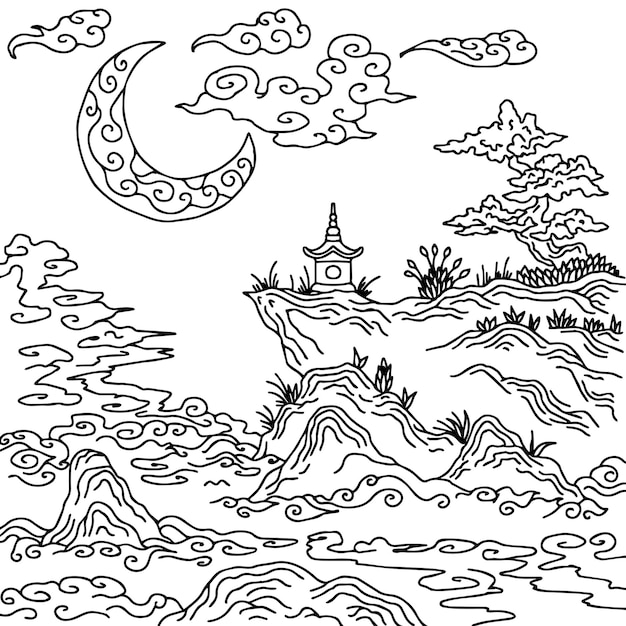 Design Asian Landscape Painting Outline