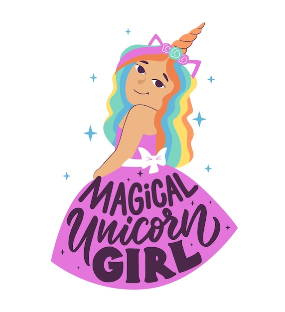 Il design per le bambine la citazione magica ragazza unicorno la scritta e la principessa per i bambini