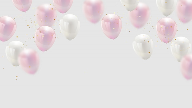 Design balloon color pink confetti and gold ribbons