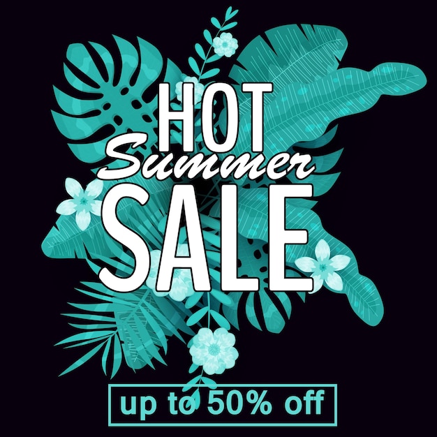 Design of a banner hot summer sale offer for promotion with summer tropical plants leaves and flower