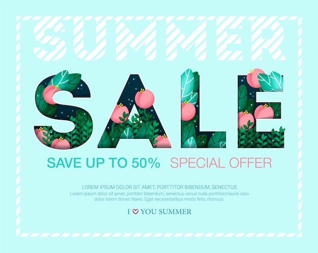 Vector design banner with summer sale inscription with leaves and flowers