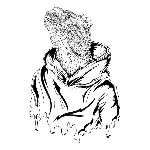 Design black and white hand drawn illustration iguana man with hoodie premium