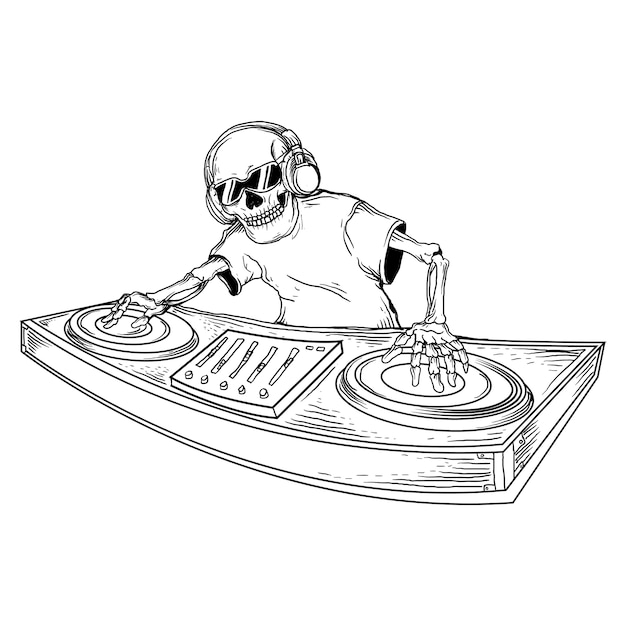  design black and white hand drawn illustration skeleton dj