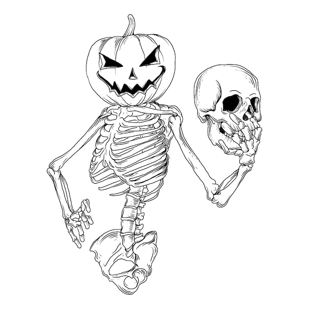 Disegno in bianco e nero illustrazione disegnata a mano scheletro zucca di halloween
