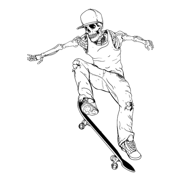 design black and white hand drawn illustration skeleton skateboarder  premium