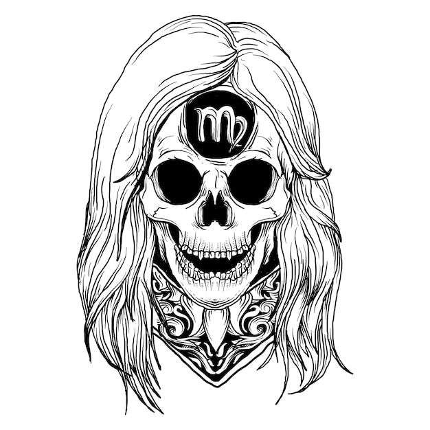  design black and white hand drawn illustration virgo skull zodiac  