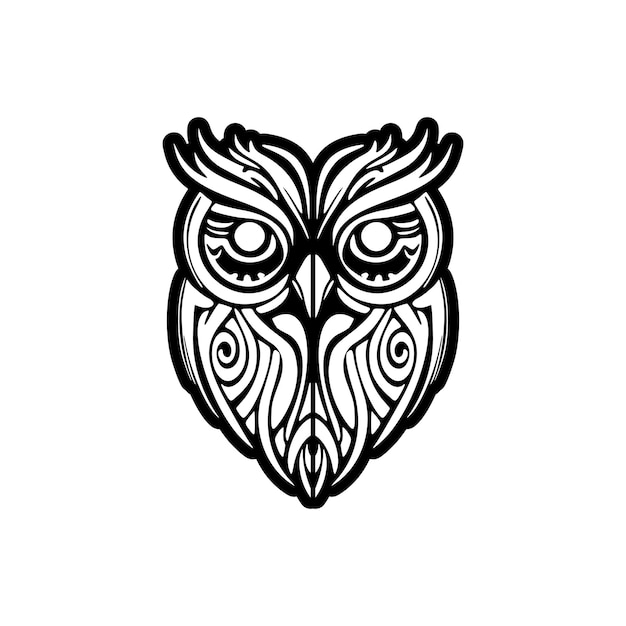 Design of black white owl tattoo with Polynesian patterns