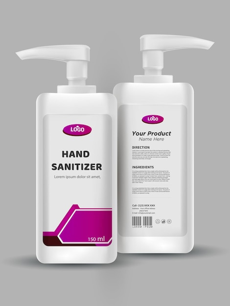 Design bottle of hand sanitizer on gray background with back and front part